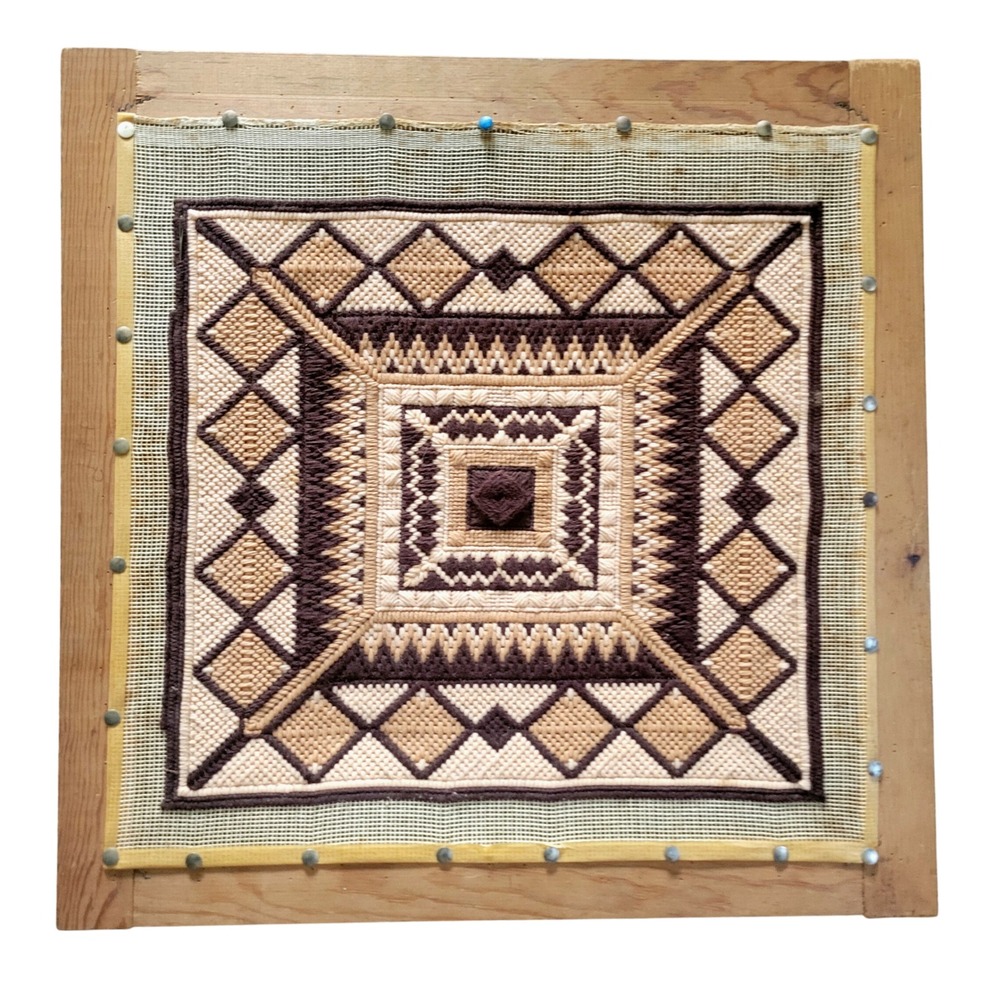 Vintage Handmade MCM Framed Needlepoint Geometric Wall Art 20.5in Sq